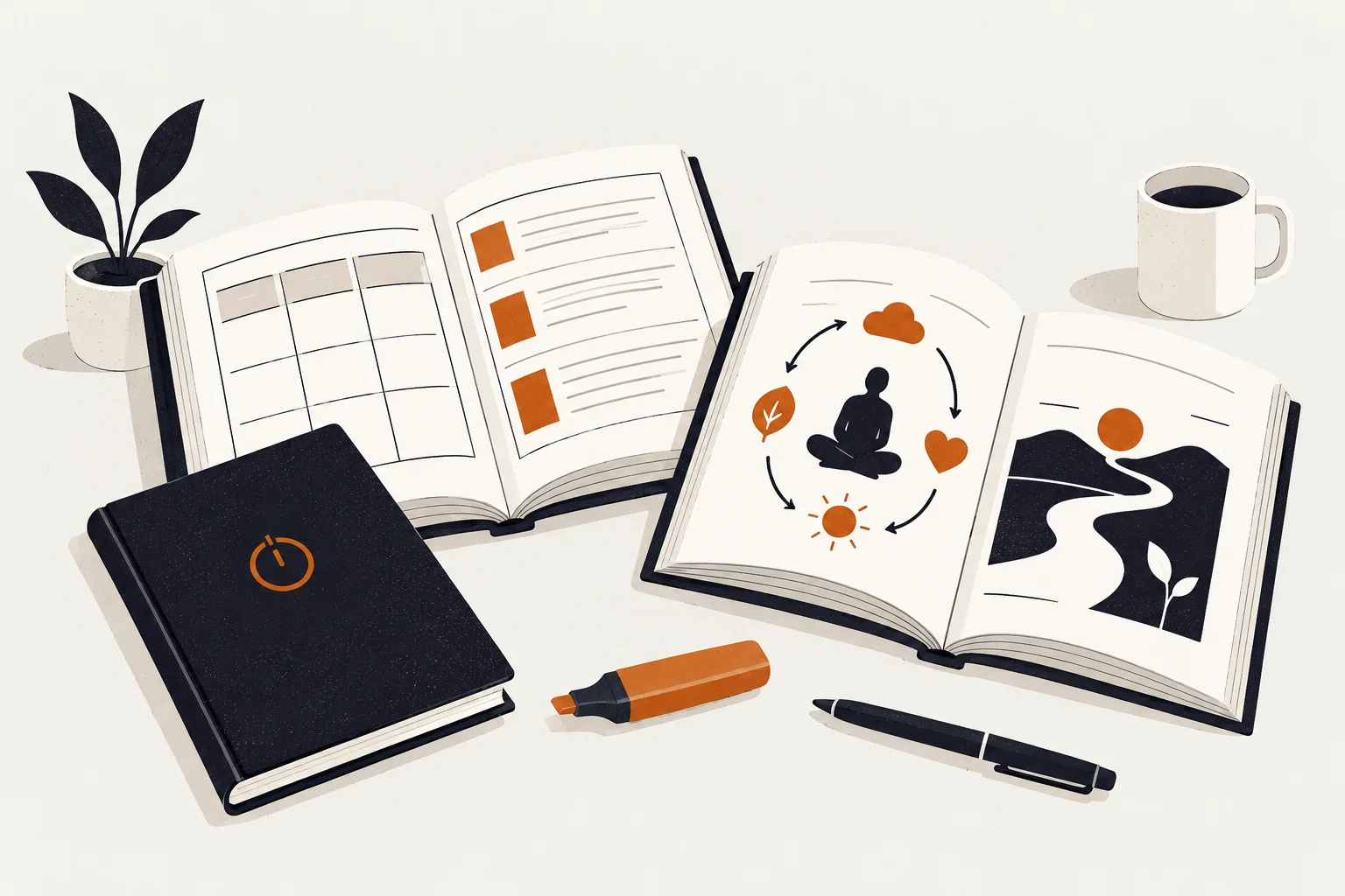 Editorial illustration of a book and power-off symbol representing anxiety workbooks cbt act