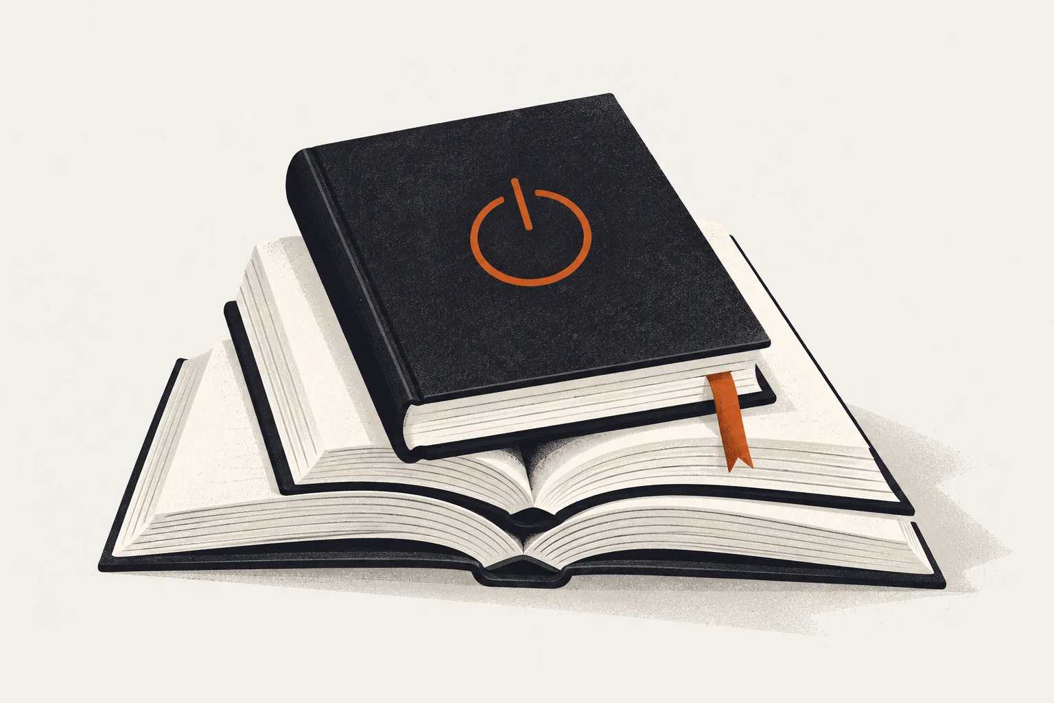 Editorial illustration of a book and power-off symbol representing best self help books for anxiety and overthinking