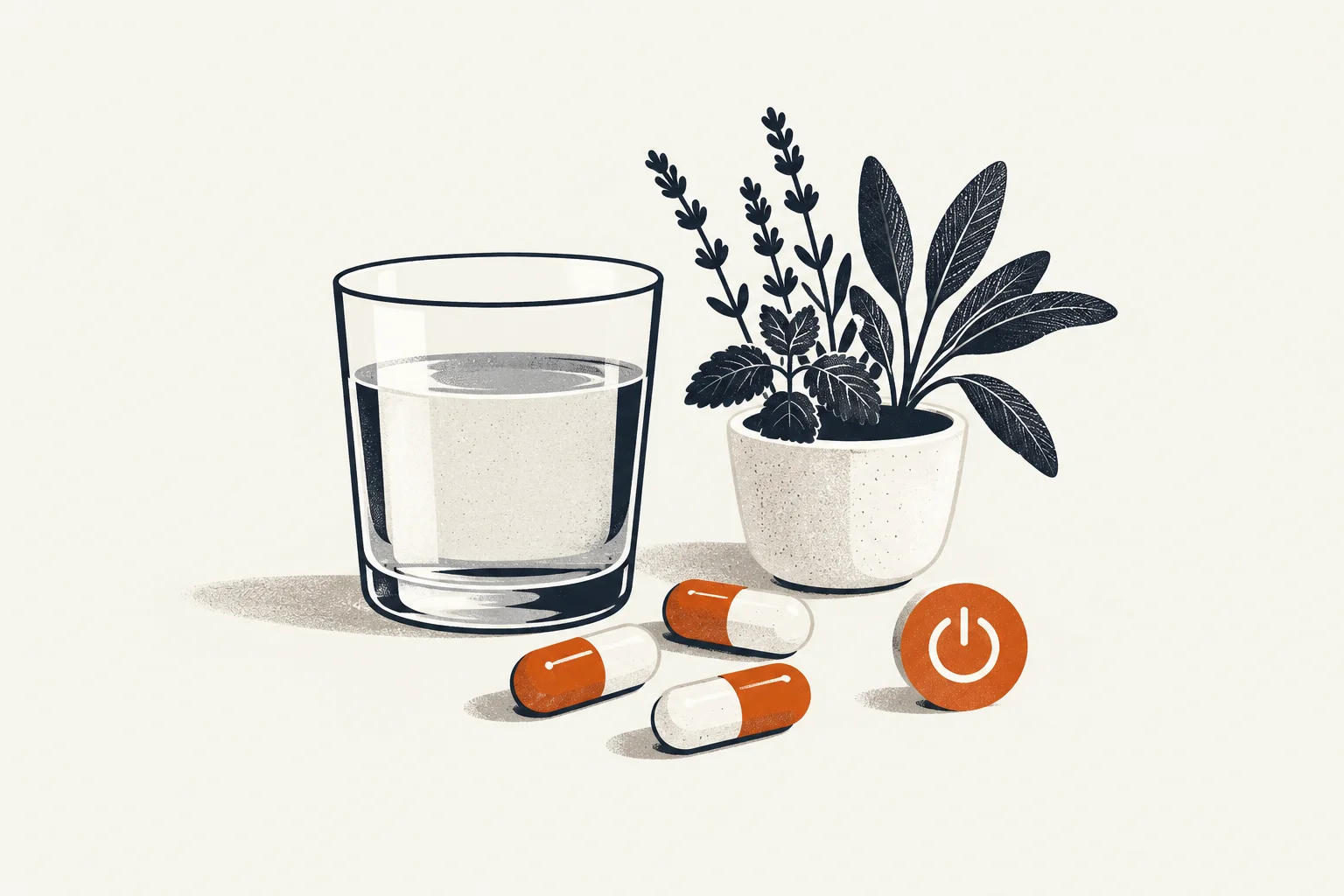 Editorial illustration of calm nighttime elements representing best vitamins for sleep and anxiety