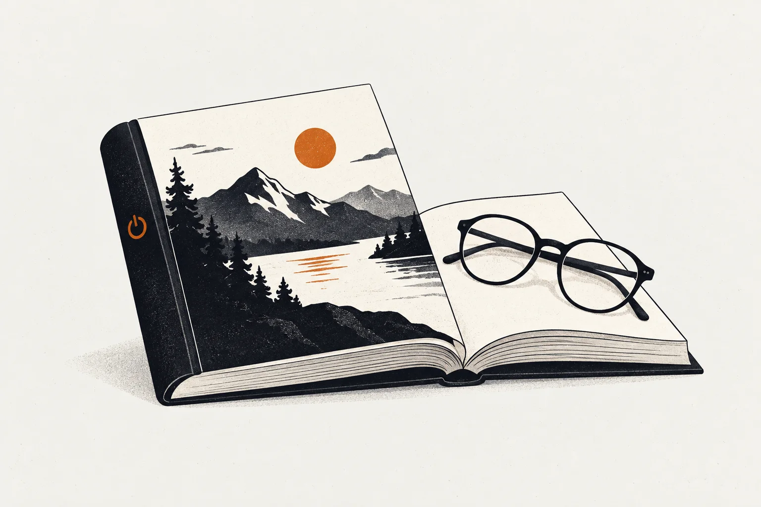 Editorial illustration of a book and power-off symbol representing books for self help anxiety