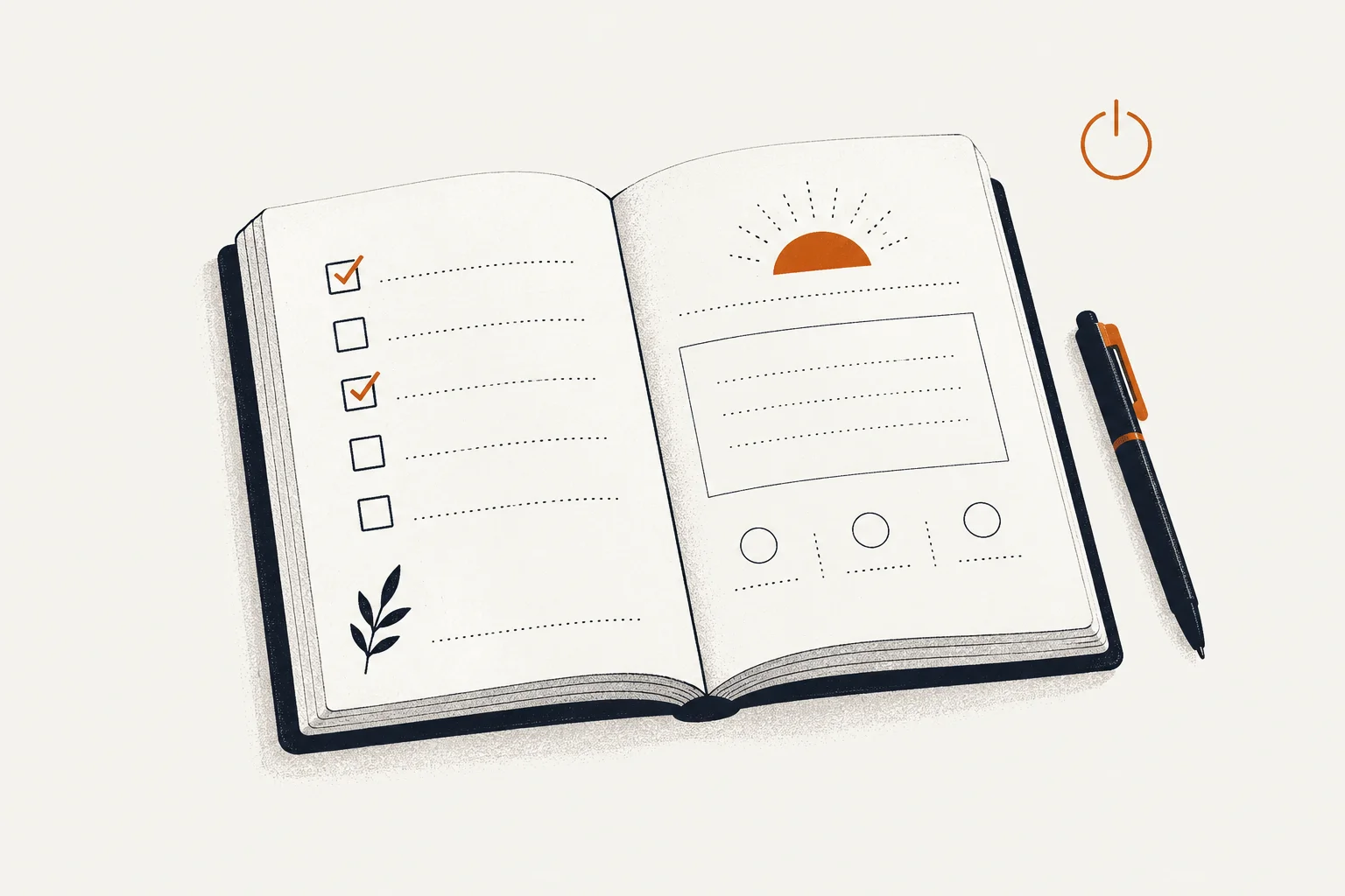 Editorial illustration of a book and power-off symbol representing cbt workbook for anxiety pdf