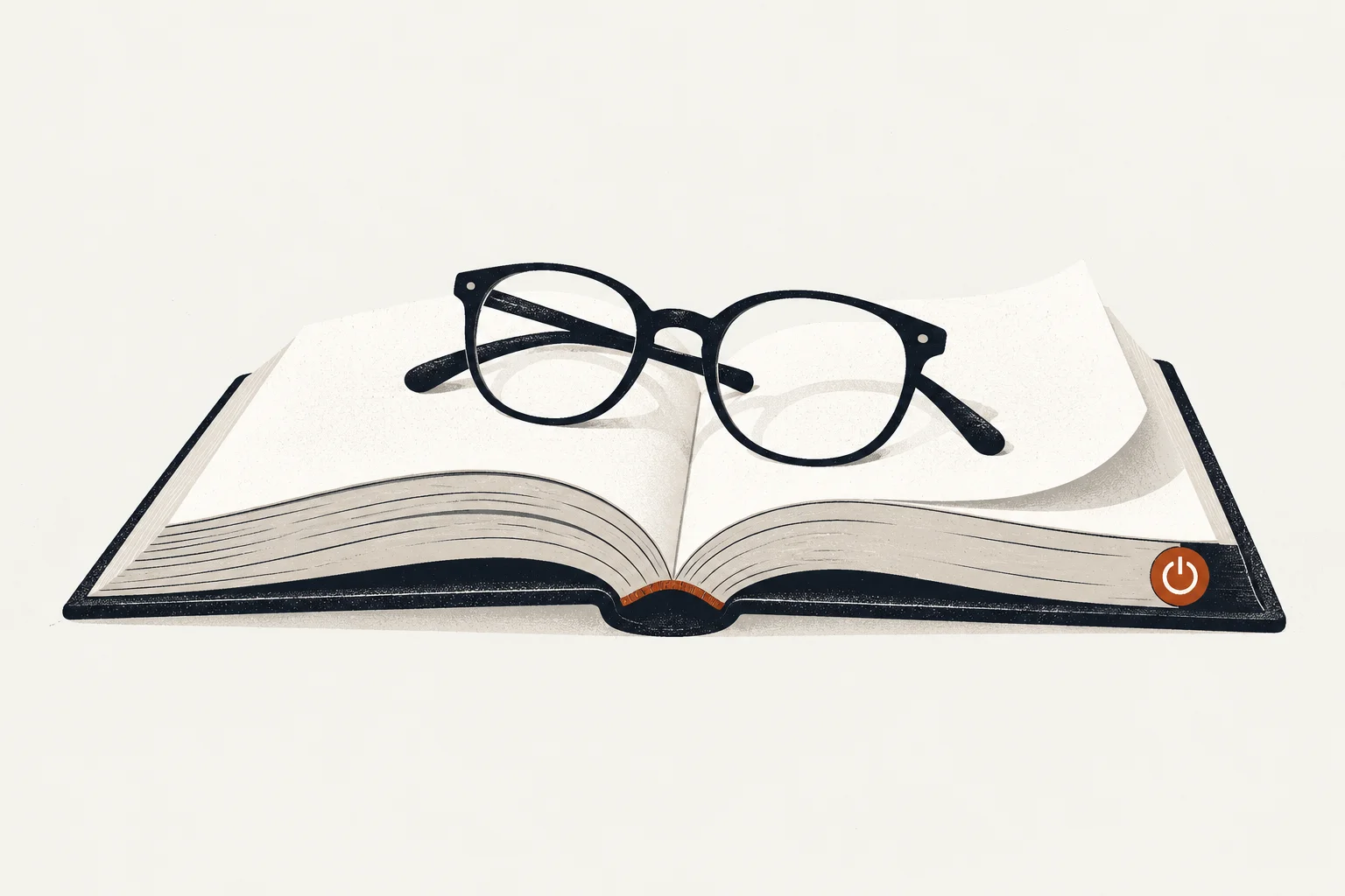 Editorial illustration of a book and power-off symbol representing does reading books help with overthinking