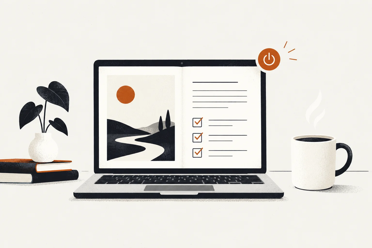 Editorial illustration of a book and power-off symbol representing free online cbt workbook