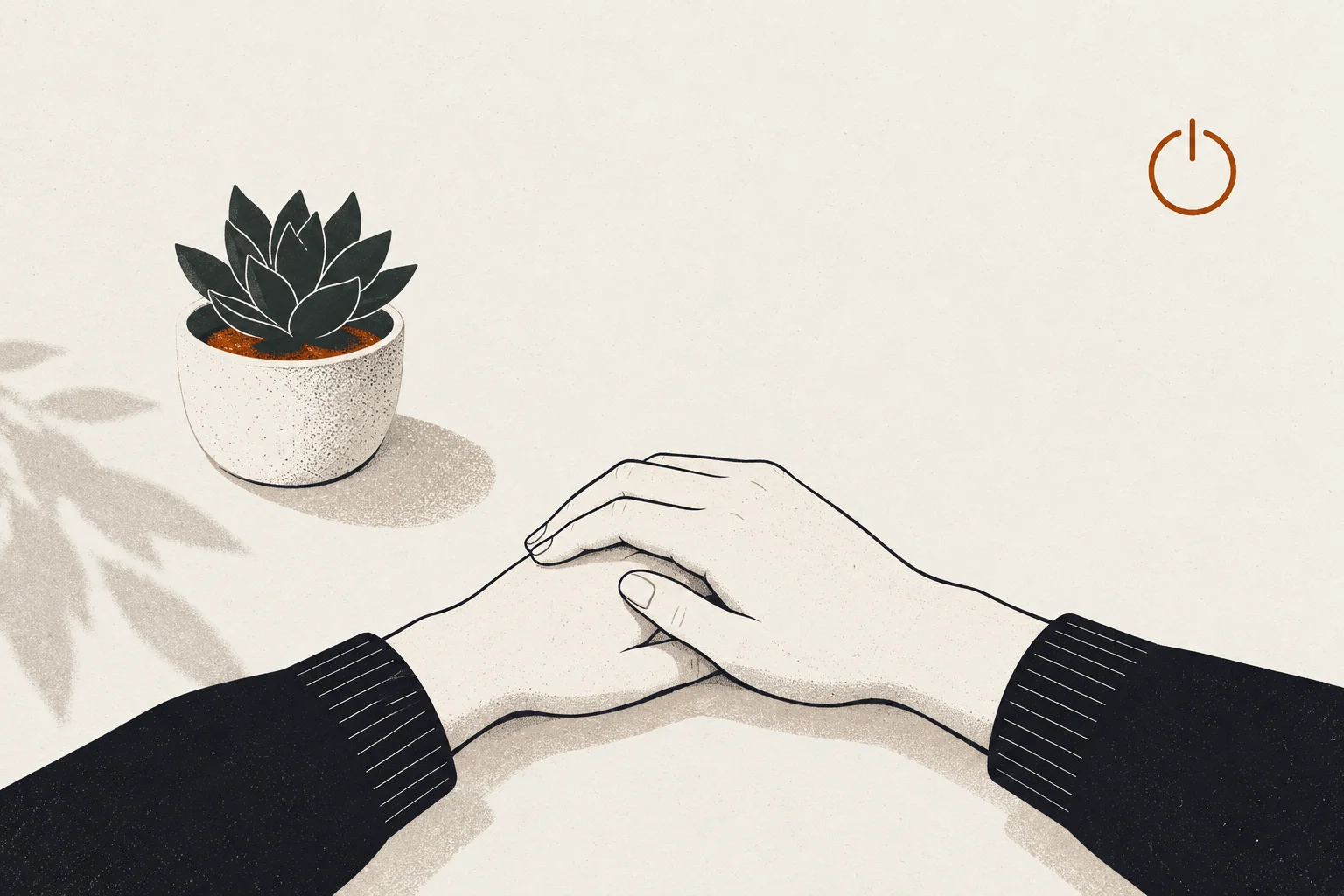 Burnt-amber and near-black editorial illustration representing grounding techniques for stress management