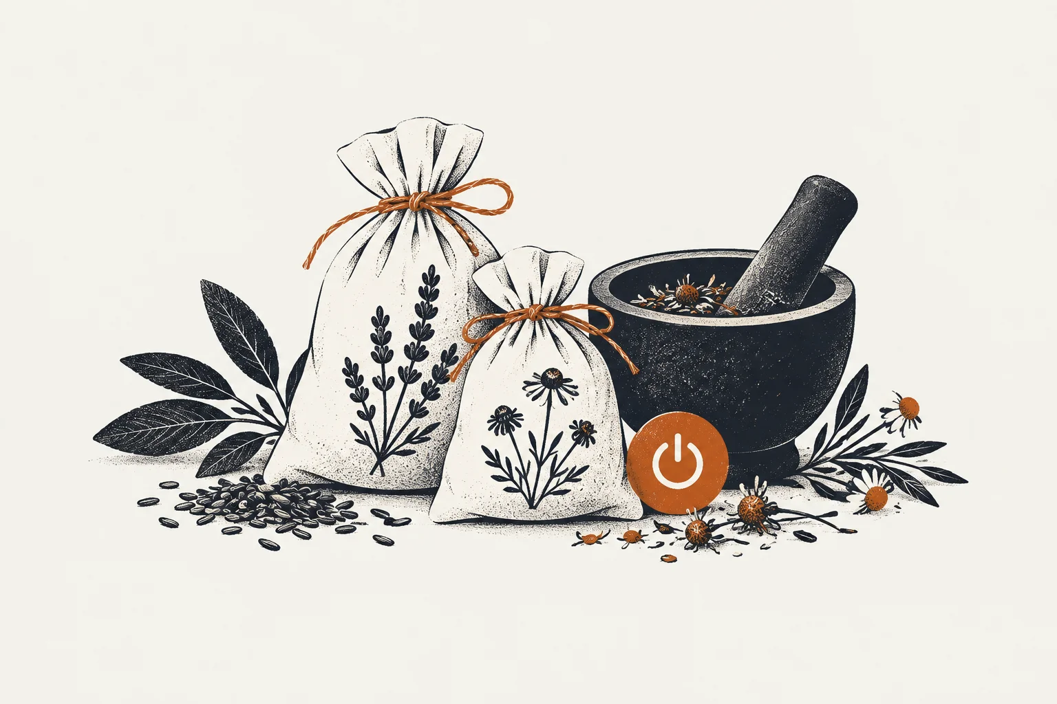 Editorial illustration of calm nighttime elements representing herbs that make you sleep instantly