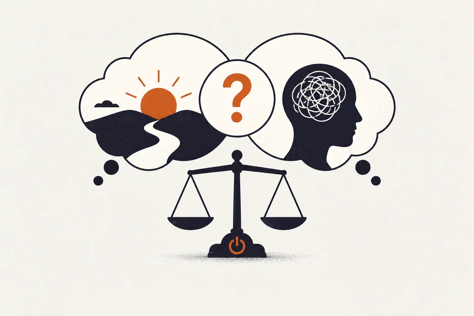 Burnt-amber and near-black editorial illustration representing is act or cbt better for anxiety