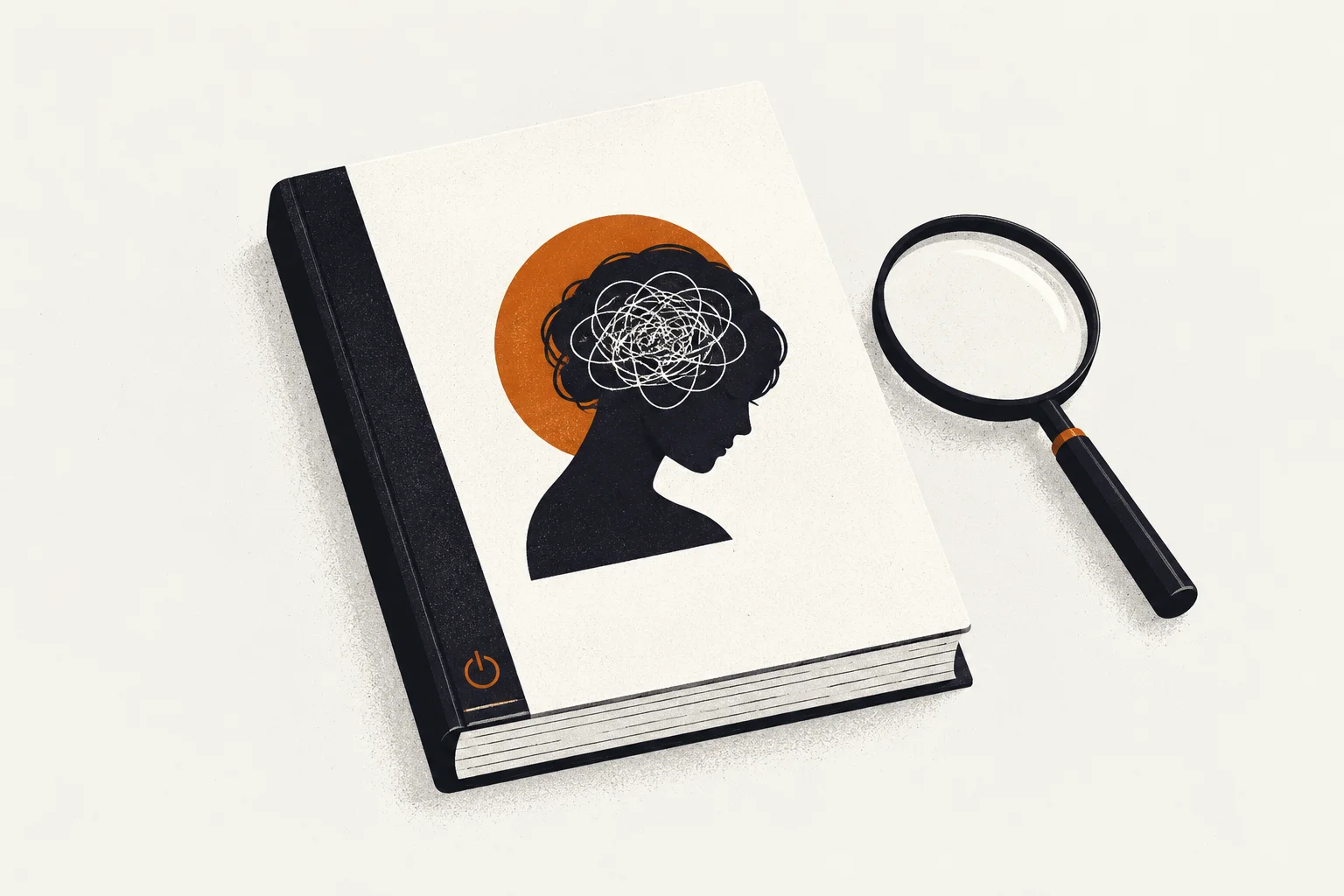 Editorial illustration of a book and power-off symbol representing is there a cbt workbook specifically for anxiety