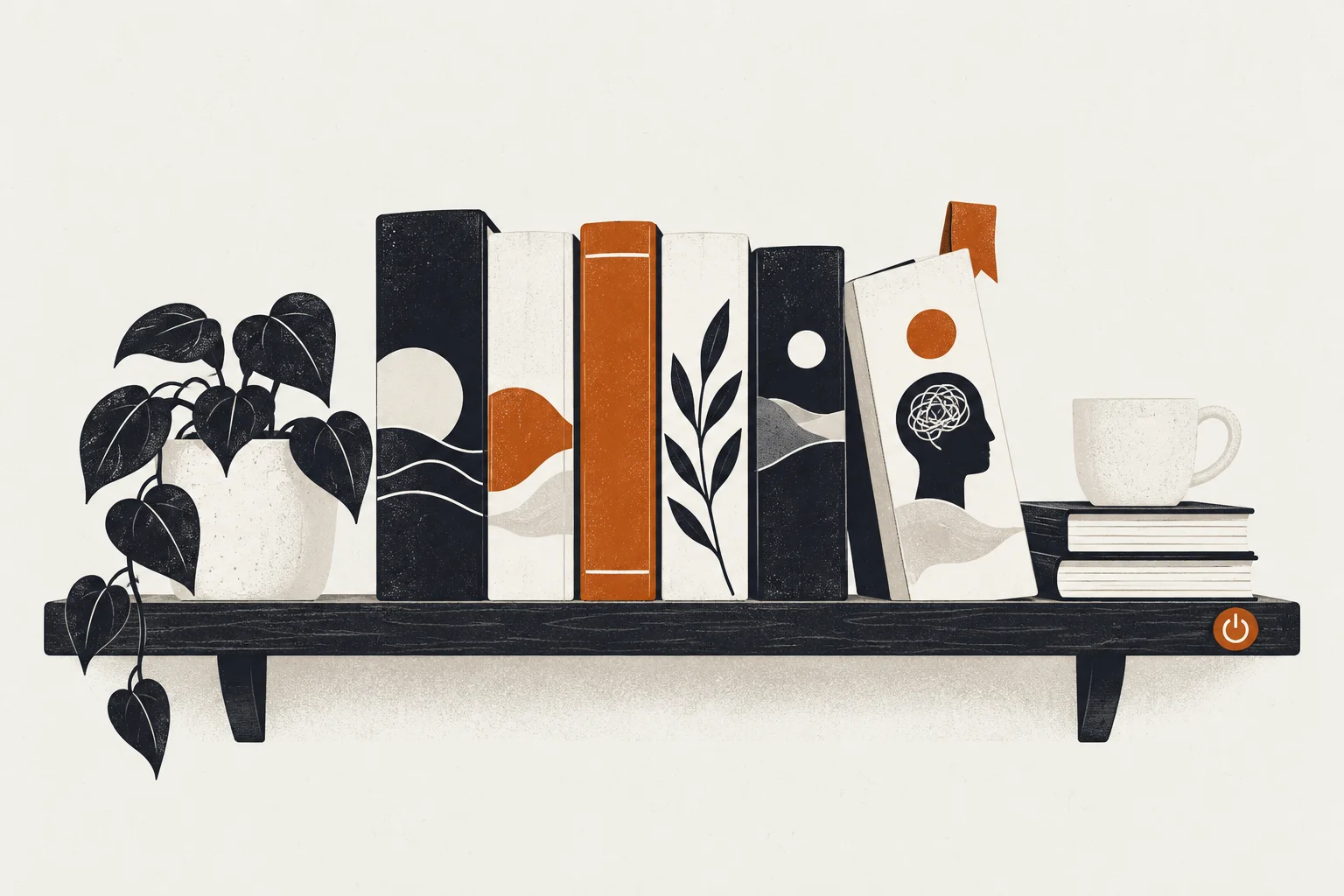 Editorial illustration of a book and power-off symbol representing overthinking self help books