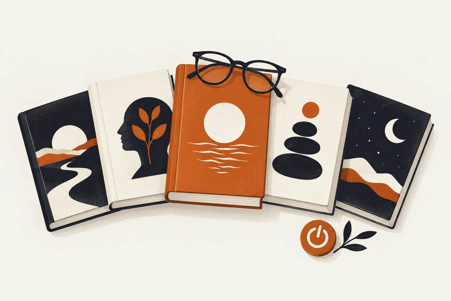 Editorial illustration of a book and power-off symbol representing self help books for anxiety