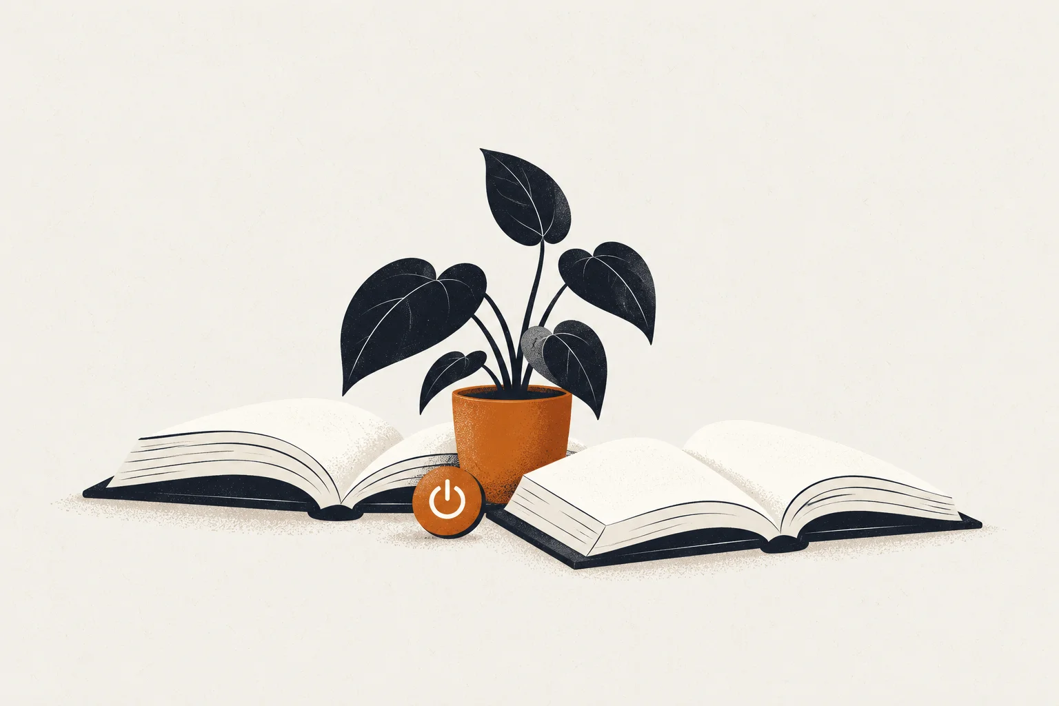 Editorial illustration of a book and power-off symbol representing self help for depression and anxiety books