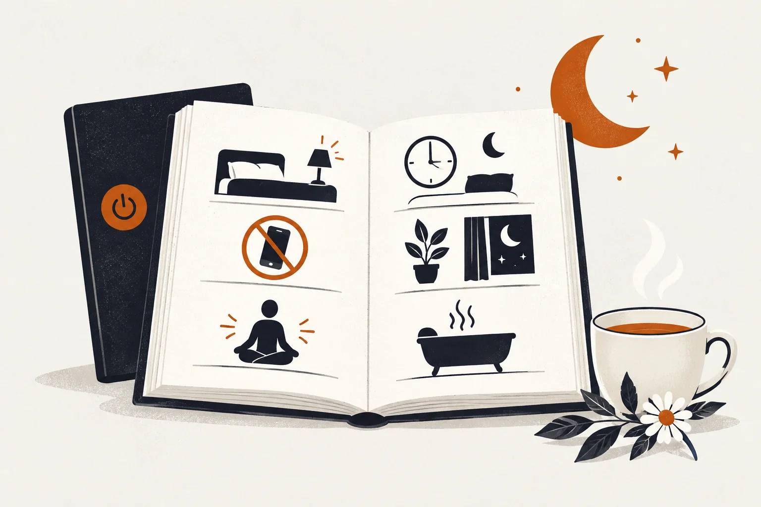 Editorial illustration of calm nighttime elements representing sleep problems natural remedies books