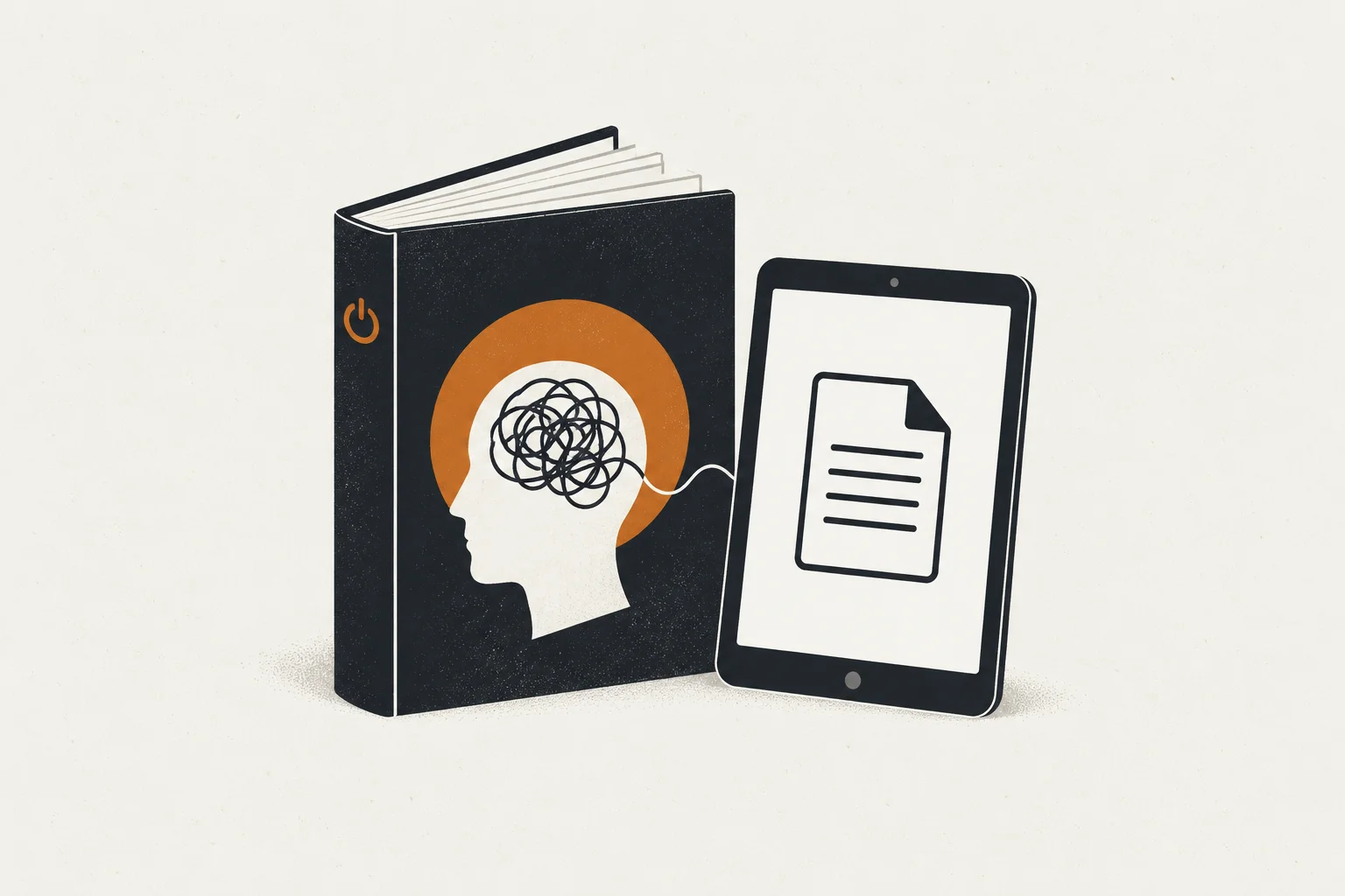 Editorial illustration of a book and power-off symbol representing stop overthinking book pdf