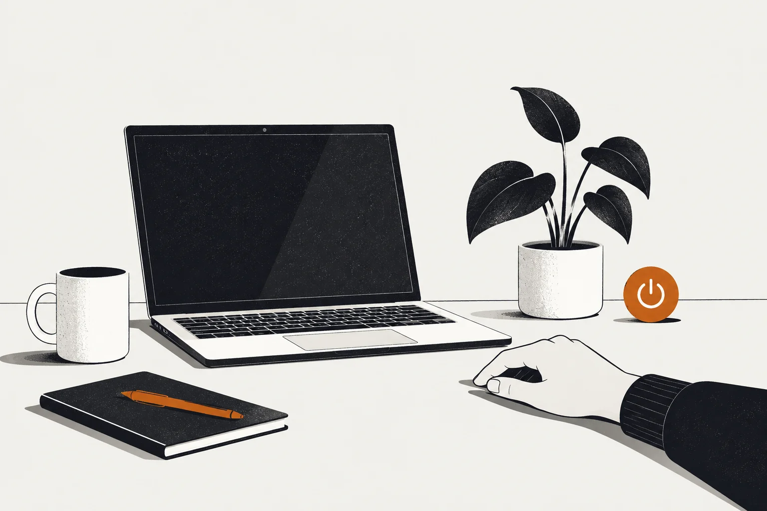 Burnt-amber and near-black editorial illustration representing stress management techniques in the workplace