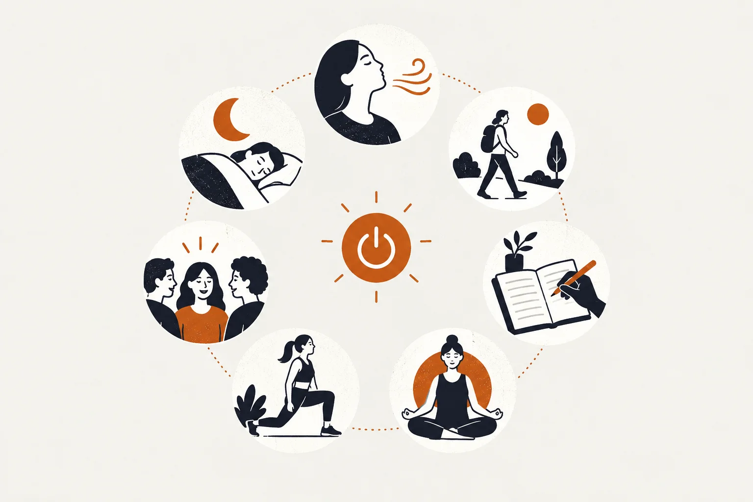 Burnt-amber and near-black editorial illustration representing stress management techniques