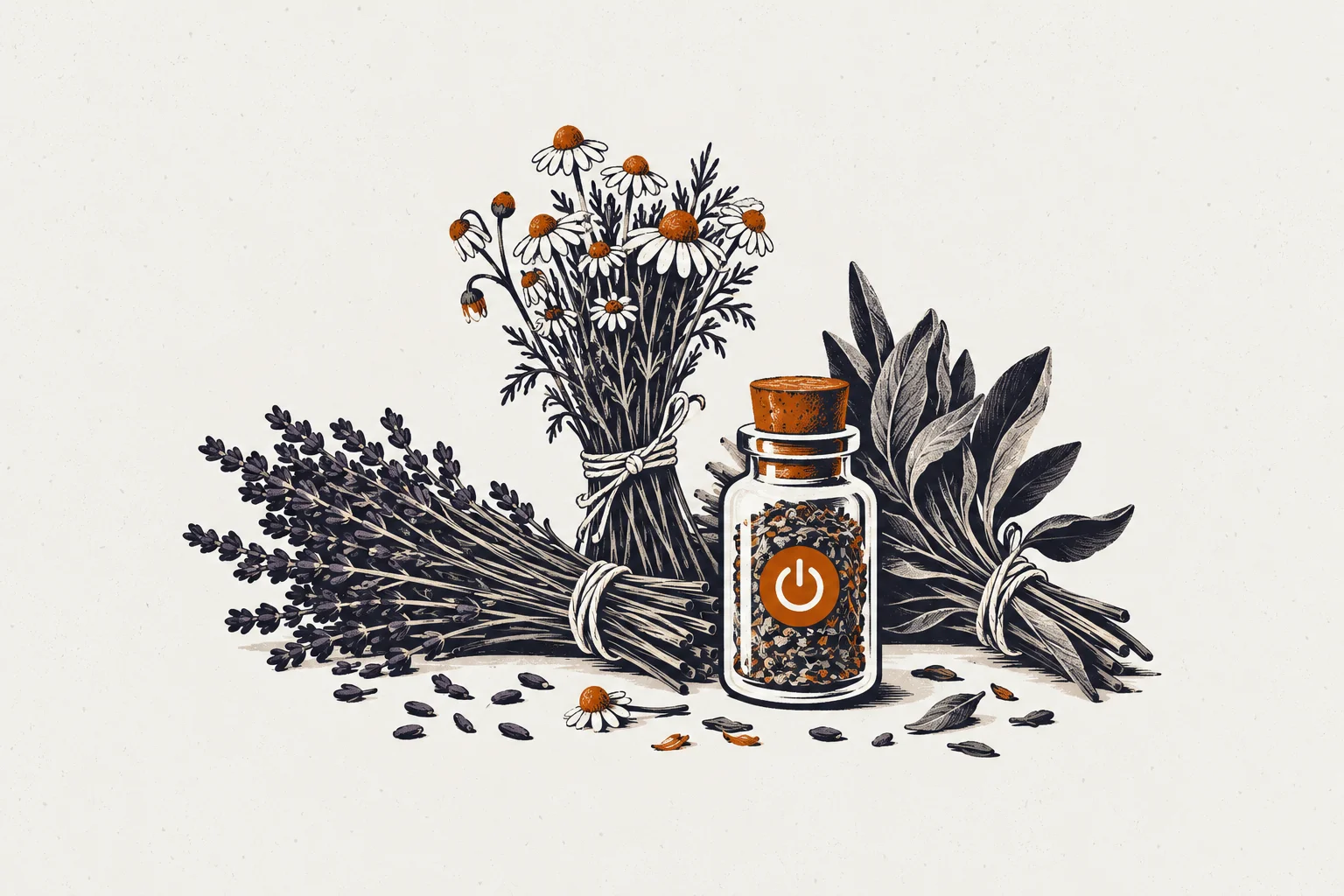 Editorial illustration of calm nighttime elements representing strongest herbs for sleep