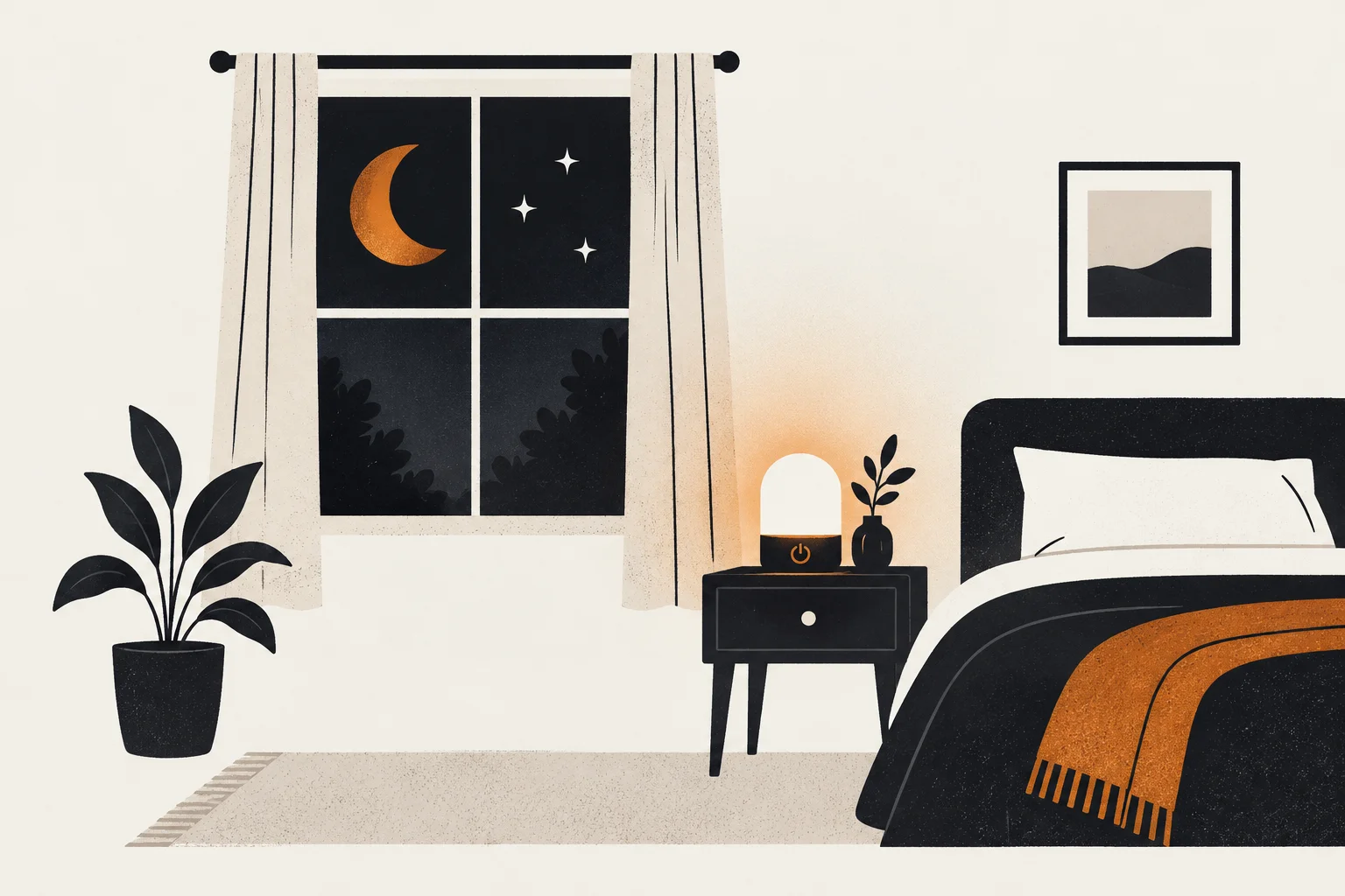 Editorial illustration of calm nighttime elements representing what can i do to help me fall asleep at night