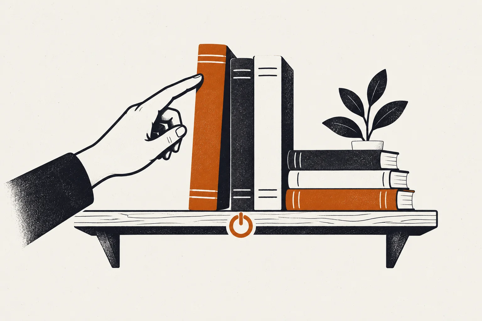 Editorial illustration of a book and power-off symbol representing what is a good book to help me stop anxiety